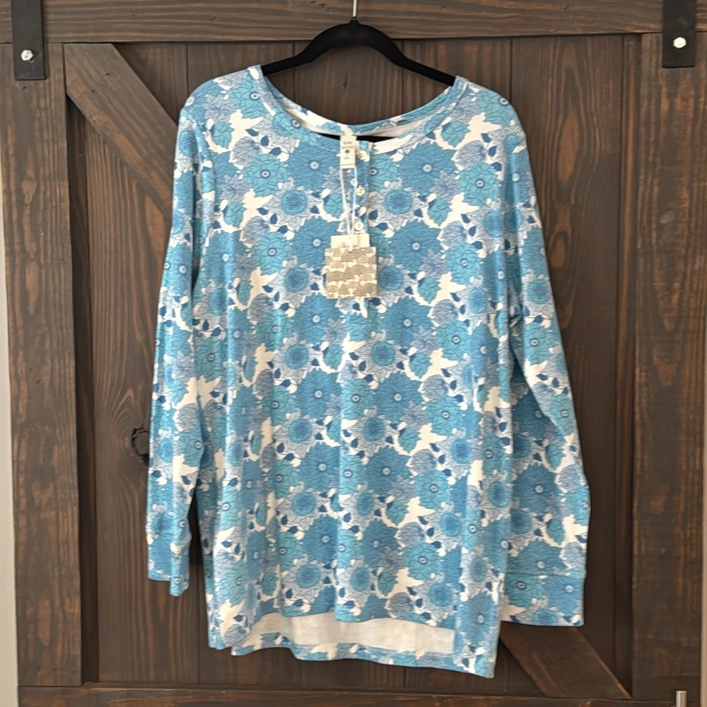 Kate Quinn Women’s Blue Floral Organic Cotton Long Sleeve Pajama Top XXL NWT